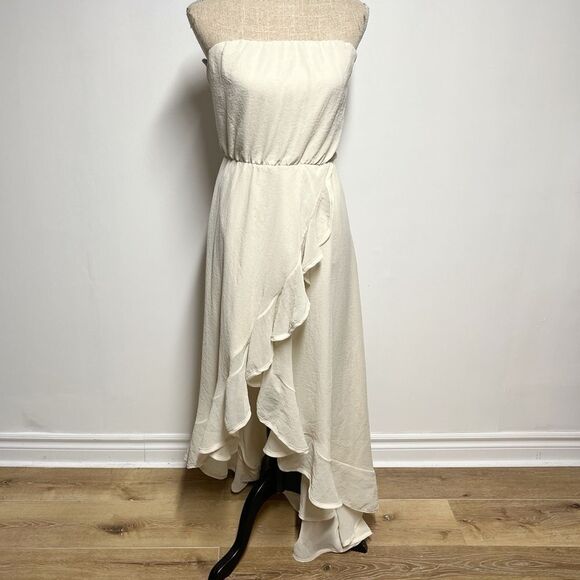 DRESS THE POPULATION Chiffon Strapless Ruffle HiLow Cream Maxi Dress Size XS - Picture 1 of 6